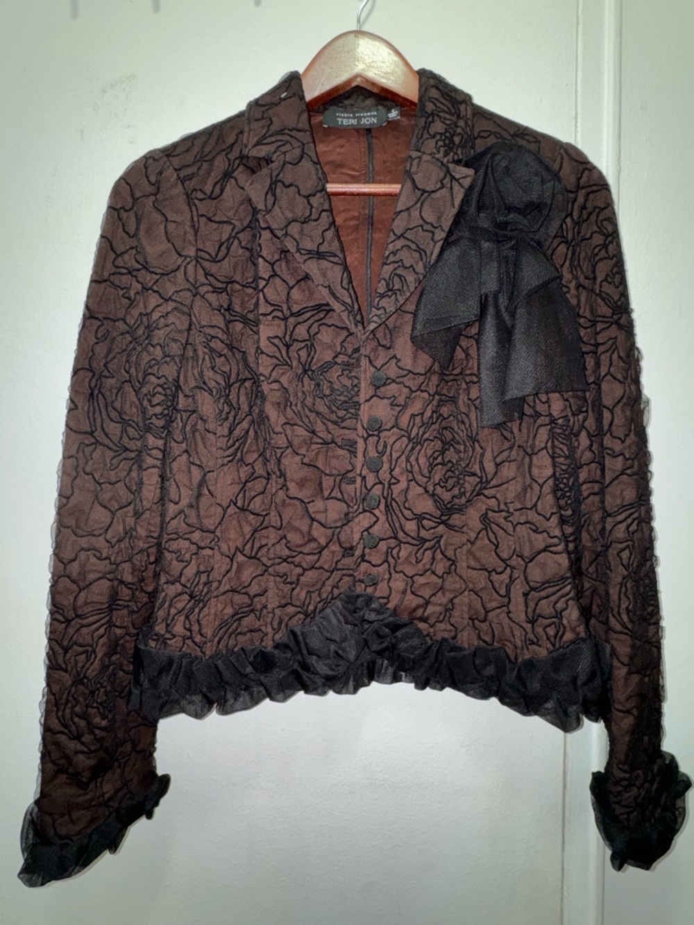 Vintage Y2K 90s Teri Jon Brown Blazer with Black Trim & Ruffles Size 4